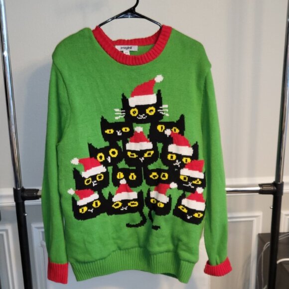 imagin8 Christmas Cat Sweater Cotton Blend Light Up Eyes Green & Black Size XL - Picture 2 of 7